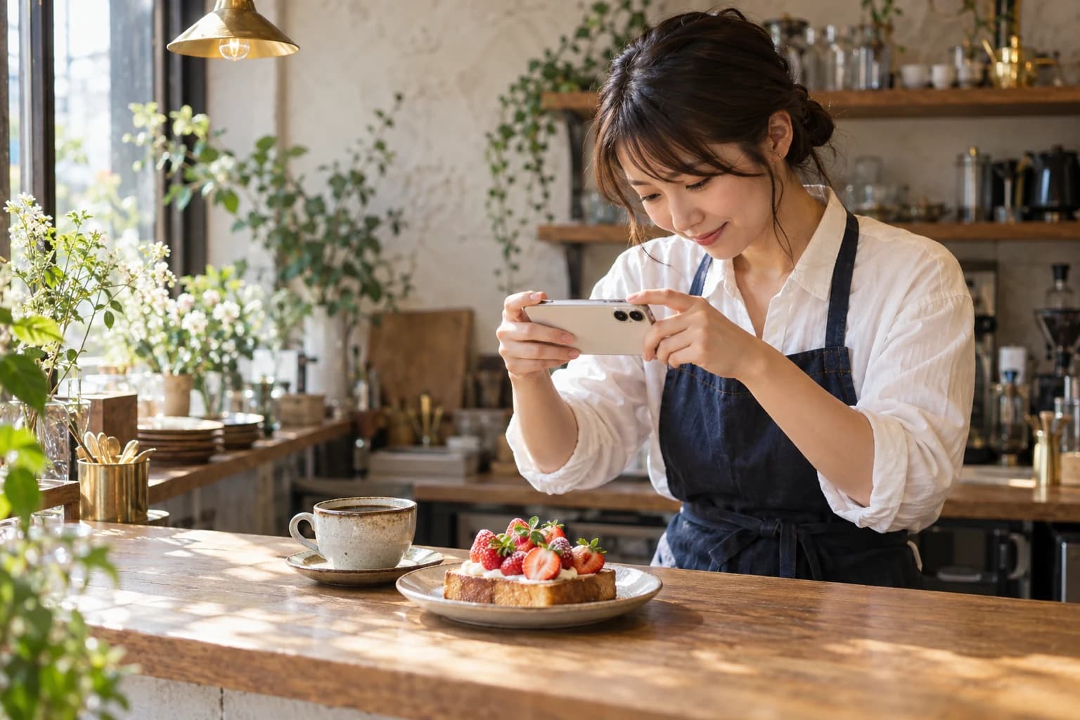 料理をスマートフォンで撮影するカフェオーナーのイメージ